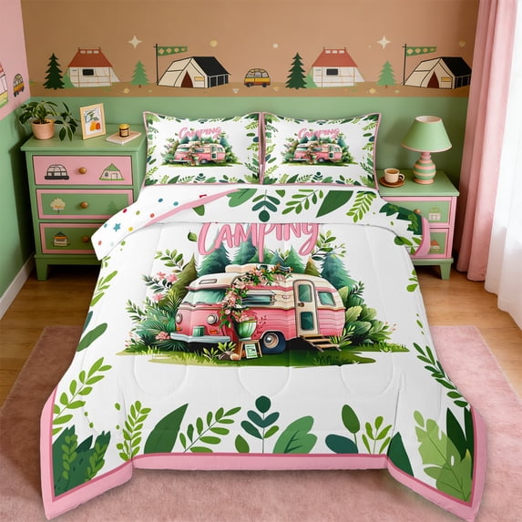 Erosebridal Country Camping Camper Full Size Comforter Sets,Green Rustic Leaves Bedding Sets For Girls Kids,Reversible,3pcs
