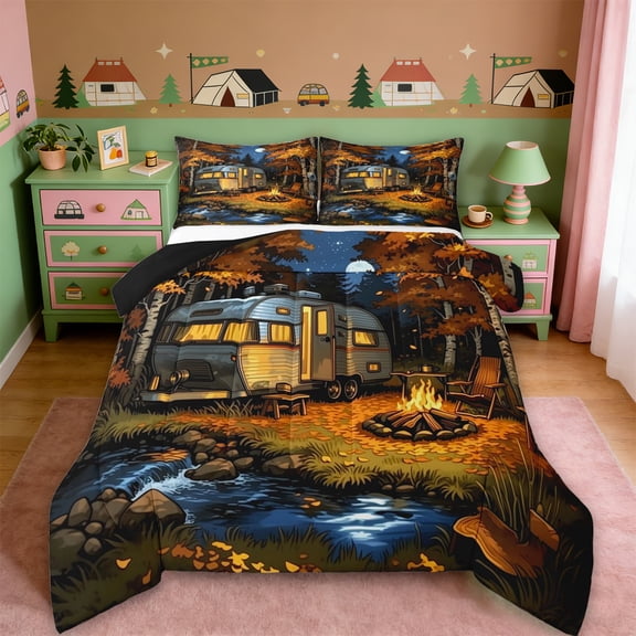 Erosebridal Country Camping Camper Queen Comforter Set For Kids Boys,Adventure Theme Bedding Comforter Set For RV Lover,Reversible black,3 Pieces