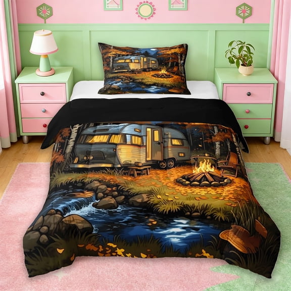 Erosebridal Country Camping Camper Twin Comforter Sets For Kids Boys,Adventure Theme Bedding Set For RV Lover,Reversible black,2pcs