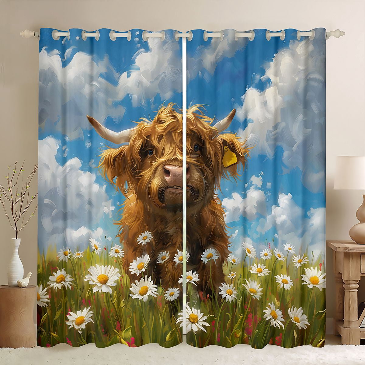 Erosebridal Country Highland Cow Animals Blackout Curtains,Daisy Cloud ...