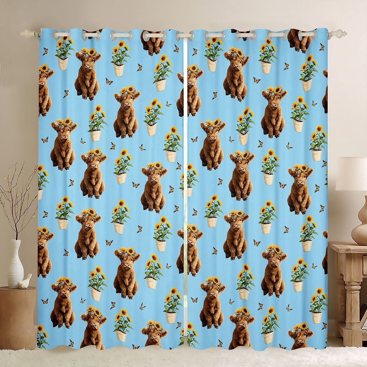 Erosebridal Country Highland Cow Animals Blackout Curtains,Glow Blue ...