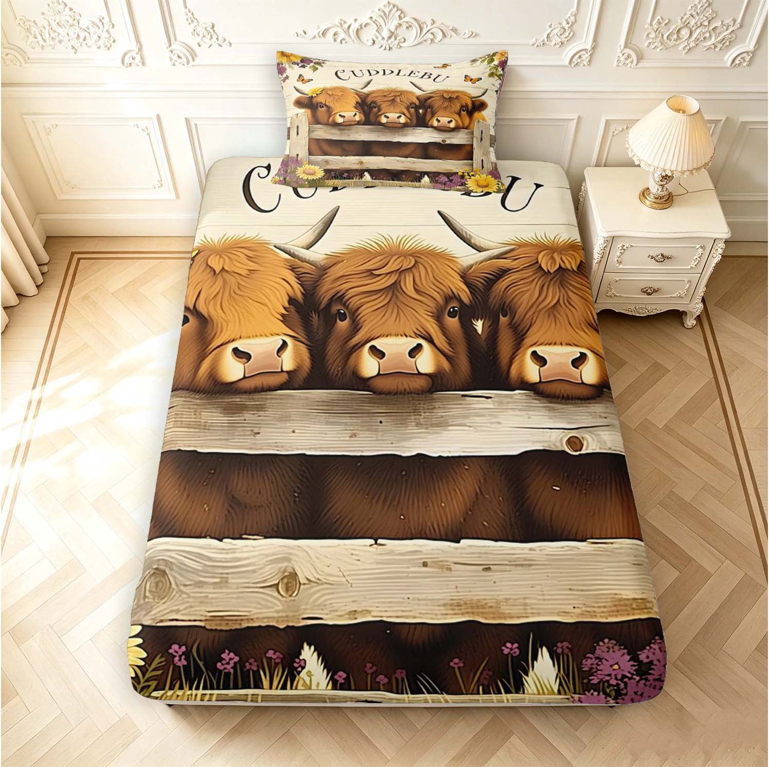 Erosebridal Country Highland Cow Animals Fitted Sheet Queen,Wooden Farm ...