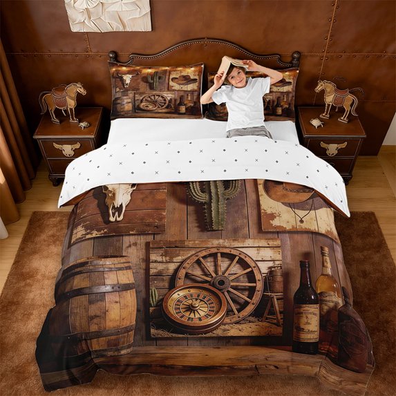 Erosebridal Country Western Cowboy Queen Duvet Cover Set,Rustic Farmhouse Cabin Vintage Bull Skull Bedding For Men Adult,Reversible,3pcs(No Comforter)