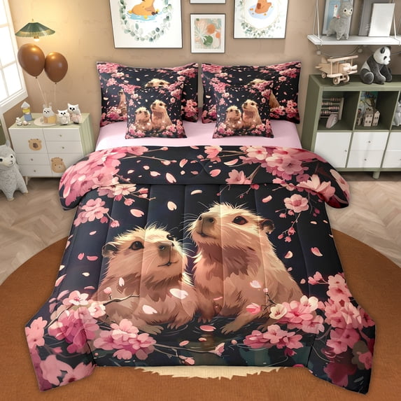Erosebridal Couple Capybara Kid Bedding Comforter Set, Cherry Blossoms King Bedding Sets, Black Pink, 7pcs
