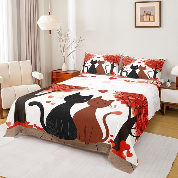 Erosebridal Couple Cat Kids Bed Sheets, Romantic Love Heart King Sheets, 4pcs