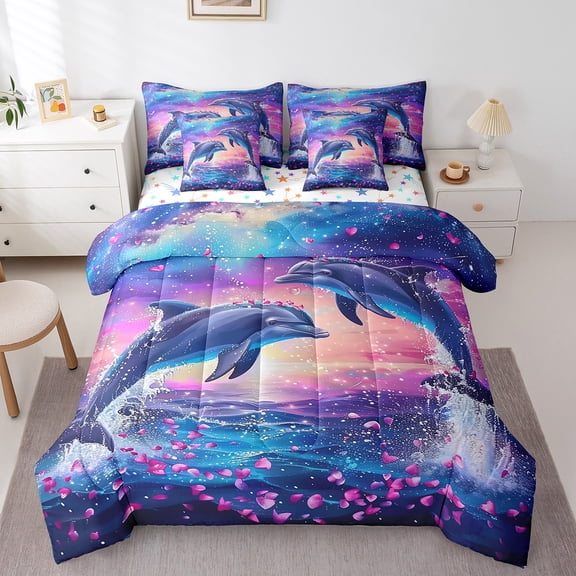 Erosebridal Couple Dolphin Bed in a Bag Full size, Romantic Rose Bed Set, Ocean Sunset Decor, Reversible 7pcs