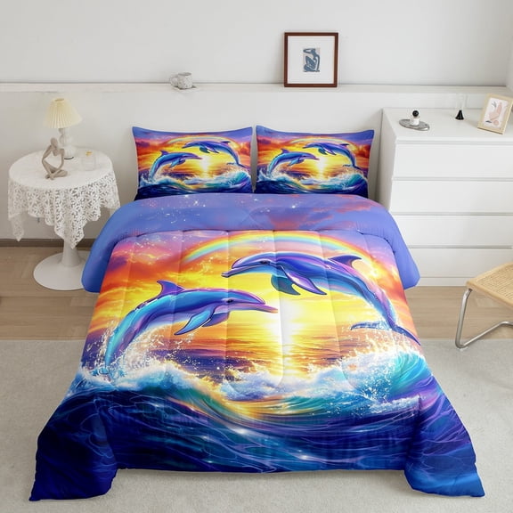 Erosebridal Couple Dolphin Bedding Twin Comforter Set, Ocean Wave Down Comforter, Romantic Sunset Decor, Breathable 2pcs