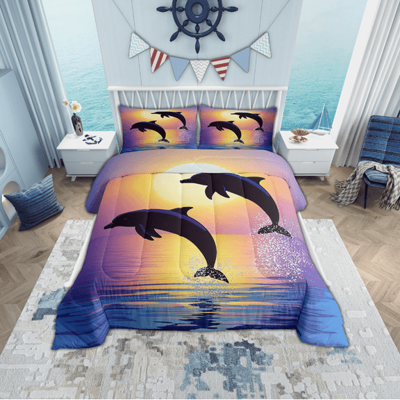 Erosebridal Couple Dolphin Comforter Sets Twin Size, Romantic Sunset Comforters & Duvets, Ocean Animal Reversible Duvet Insert, Lightweight Room Decoration, 2pcs
