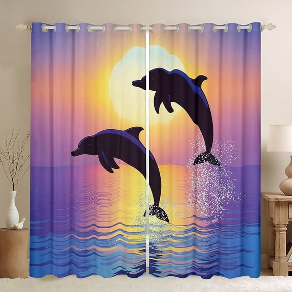 Erosebridal Couple Dolphin Curtains for Living Room, Romantic Sunset 30%-50% Blackout Curtains Set of 2 (38x54), Ocean Animal 30%-50% Black Out Curtains, Window Drapes Room Decoration