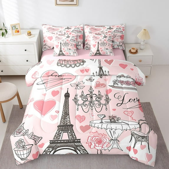 Erosebridal Couple Eiffel Tower Bedding Twin Size, Romantic Heart Bed in a Bag Twin size, Rose Floral Reversible Bed Set, Breathable Bedroom Decorative, 7pcs