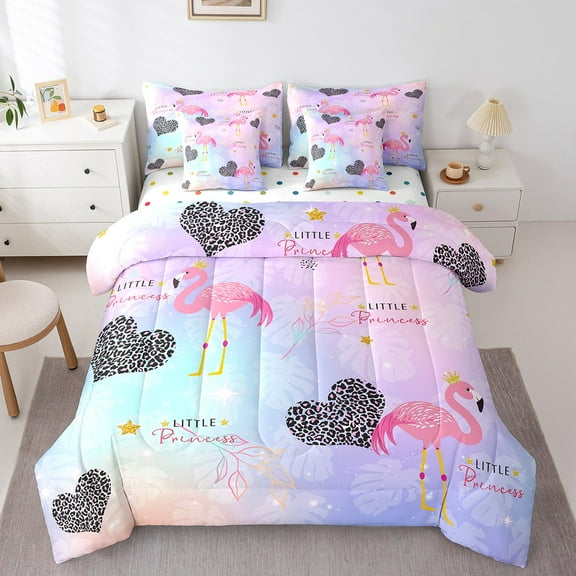 Erosebridal Couple Flamingo Bedding Full Size, Romantic Love Heart Bed in a Bag Full size, Palm Print Decor, Reversible 7pcs