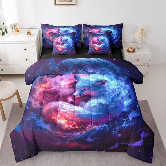 Erosebridal Couple Fox Bed in a Bag Full size, Magical Animal Bed Set, Red Blue Reversible Bedding Full Size, Breathable Bedroom Decor, 7 Pieces