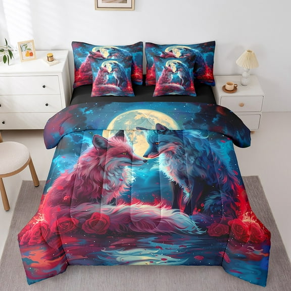 Erosebridal Couple Fox Bedding Sets Twin Size, Red Rose Comforter Sets with Sheets, Mystic Starry Sky Reversible Bed Set, Super Cozy Room Decorative, 7-Piece