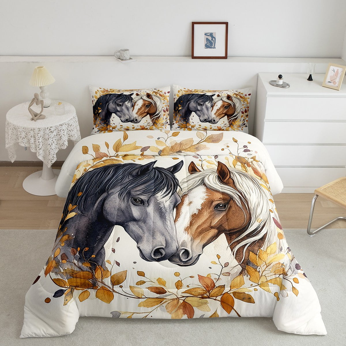 Erosebridal Couple Horse Bedding King Comforter Set, Fall Leaves Down ...