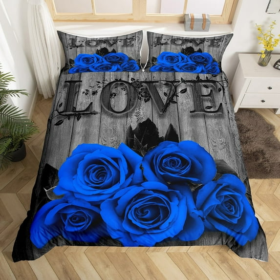 Erosebridal Couple Wedding Duvet Cover Valentine'S Day Rose Floral Bedding Set Twin Romantic Royal Blue Rose Comforter Cover Pastoral Farmhouse Flowers Quilt Cover 1 Pillow Case (No Comforter)