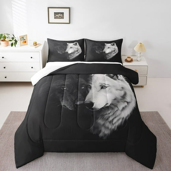 Erosebridal Couple Wolf Bedding Set Full Black And White Animal Print Comforter Set Teen Adults Men Woodland Wildlife Down Comforter Jungle Theme Bed Set Bedroom Decor 3 Pcs