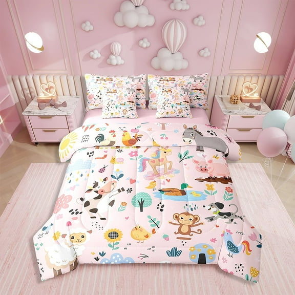 Erosebridal Cow Bedding Set Full Size Horse Pig Comforter Set With Sheets7 piece Chicken Duck Bed in a Bag for Dog Leaf Farm Animal Pink Bed Set with Comforter,Sheets,Pillowcases