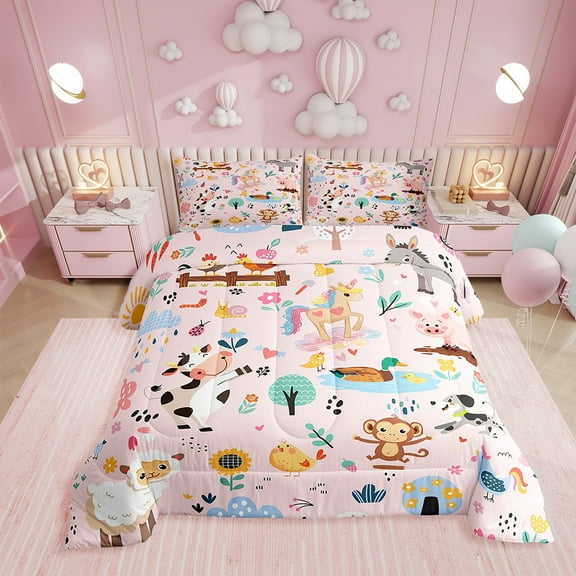 Erosebridal Cow Bedding Set Twin Size Horse Pig Comforter Set Chicken Duck Comforter for Room Decor Dog Leaf Farm Animal Pink Duvet Set With 1 Pillow Case