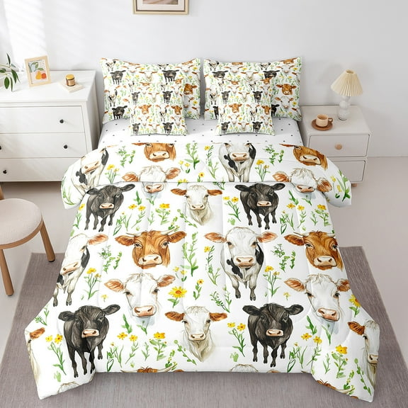 Erosebridal Cow Print Bedding Twin Size, Rustic Animal Bed Set, Daisy Groovy Flower Reversible Bed in a Bag Twin size, Super Cozy Bedroom Decoration, 7pcs