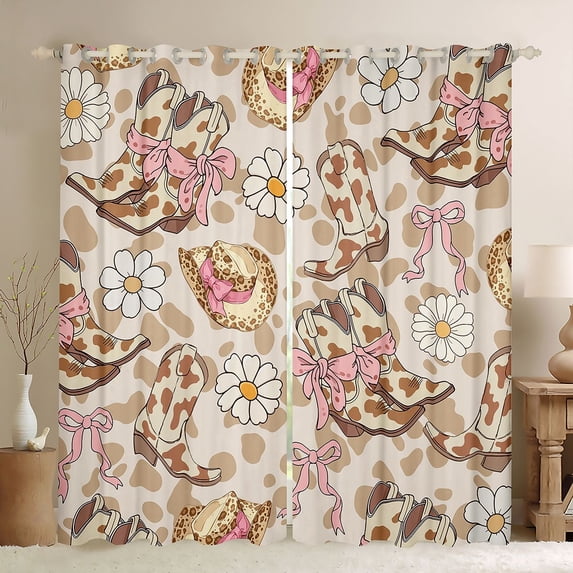 Erosebridal Cow Print Cowgirl Boots Daisy Bow Print Curtains Pack of 2 (42x84 Each), Leopard Hat Style Curtains Blackout for Girls