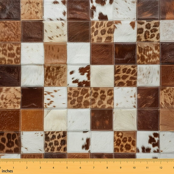 Erosebridal Cow Print Fabric By The Yard, Patchwork Plaid Quilting Fabric By The Yard, Warm Soft Brown Indoor Outdoor Fabric, Rustic Farm Animals Decorative Fabric 1 Yard