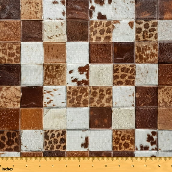 Erosebridal Cow Print Fabric By The Yard, Patchwork Plaid Quilting Fabric By The Yard, Warm Soft Brown Indoor Outdoor Fabric, Rustic Farm Animals Decorative Fabric 1 Yard