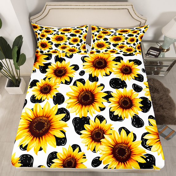 Erosebridal Cow Print Fitted Sheet Set Queen,Golden Flower Fitted Sheet Queen,Floral Decoration,Ultra Soft,3 Pieces(No Top Sheet)
