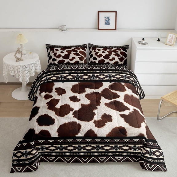 Erosebridal Cow Print Queen Comforter Set,Rustic Cowhide Bedding Set,Western Aztec Down Comforter,Cabin Lodge Reversible Bed Set with 2 Pillowcases Bedroom Decor