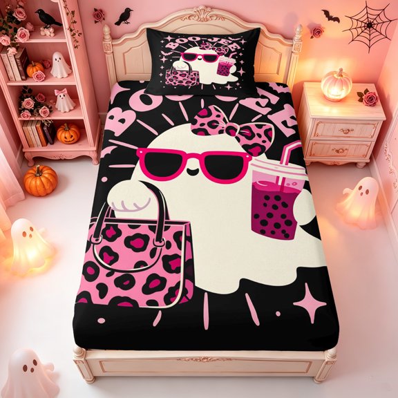 Erosebridal Cow Print Twin Fitted Sheet, Fashion Ghost Bedding, Black Pink, 2pcs, 1 Fitted Sheet and 1 Pillowcase