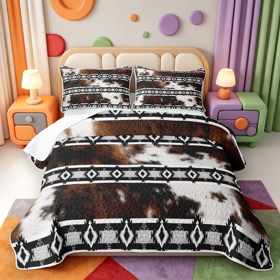 Erosebridal Cow Print Twin Quilt Set,Western Cowhide Twin Coverlet Set,2pcs,1 Bedspread and 1 Pillowcase