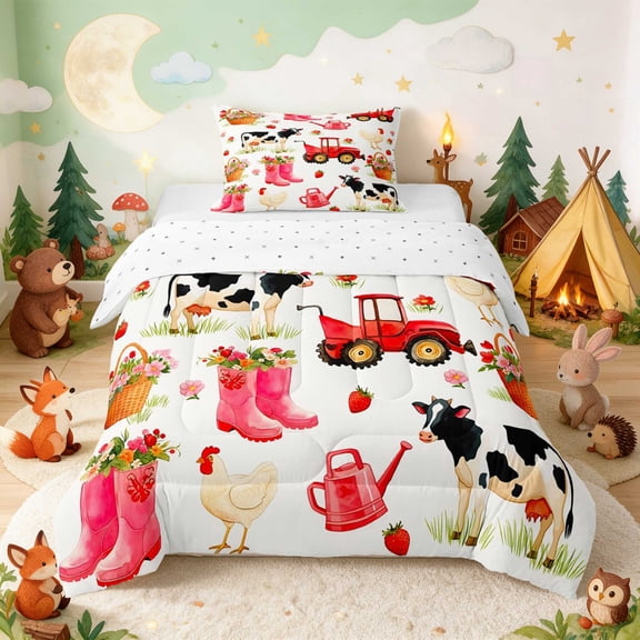 Erosebridal Cow Twin Comforter Sets for Girls, Farm Tractor Bedding Set, Reversible 2-Piece 1 Comforter and 1 Pillowcase