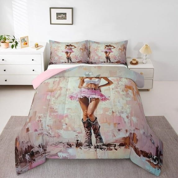 Erosebridal Cowgirl Bedding King Comforter Set,Pink Graffiti Style Down Comforter,Rustic Farm Farmhouse Bedding Sets King with Comforter,Lightweight Bedroom Decor Reversible,3 Pieces