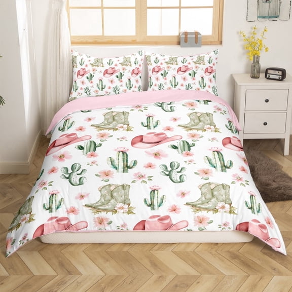 Erosebridal Cowgirl Boots Comforter Cover Full , Pink Hats Floral Green Cactus Bedding Accessories, Reversible 3pcs (Duvet Cover, Pillowcase)