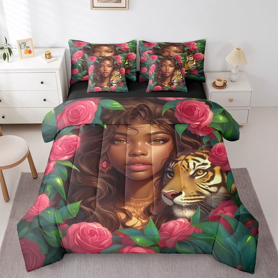 Erosebridal Cowgirl Princess Bed in a Bag Full size, Romantic Rose Bedding Full Size, 3D Tiger Reversible Comforter Sets with Sheets, Super Cozy Room Decorative, 7-Piece