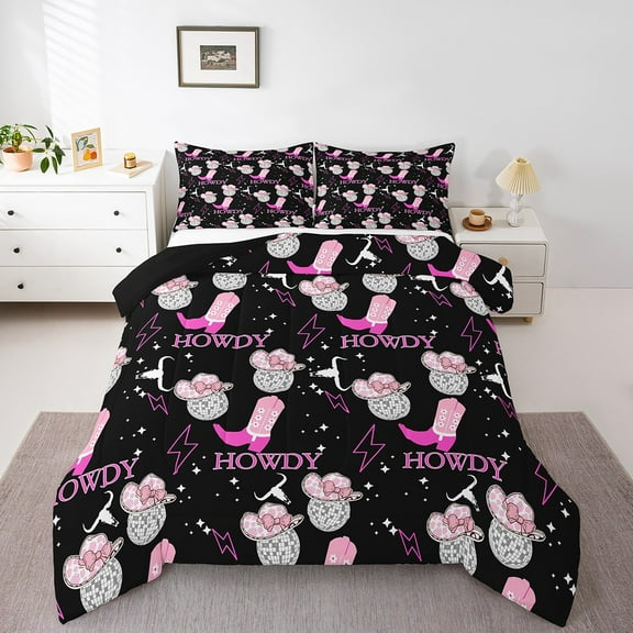 Erosebridal Cowgirls Howdy Comforter Sets Twin Size, 1980s Party Disco Ball Comforters & Duvets, Black Pink Room Decor, Reversible 2pcs