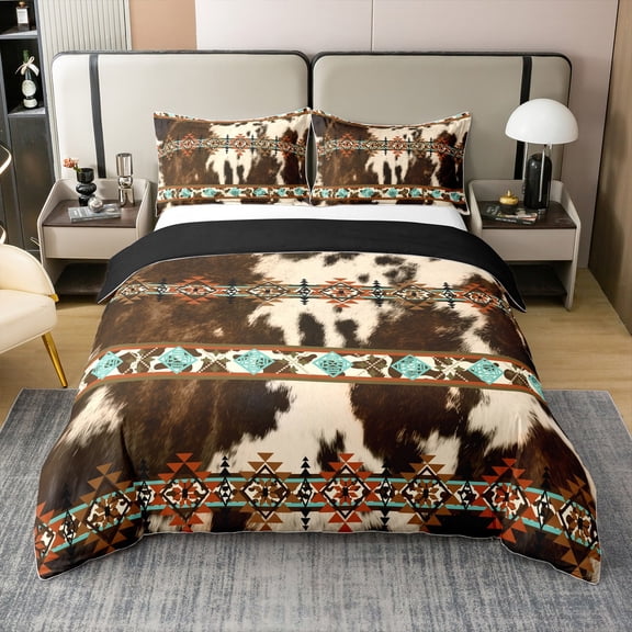 Erosebridal Cowhide Comforter Cover Brown Highland Cow Print Duvet Cover,Western Bedding Set Exotic Aztec Queen Bed Set,Farmhouse Wild Animals Longhorn Skin Room Decor Cowboys Gifts for Men