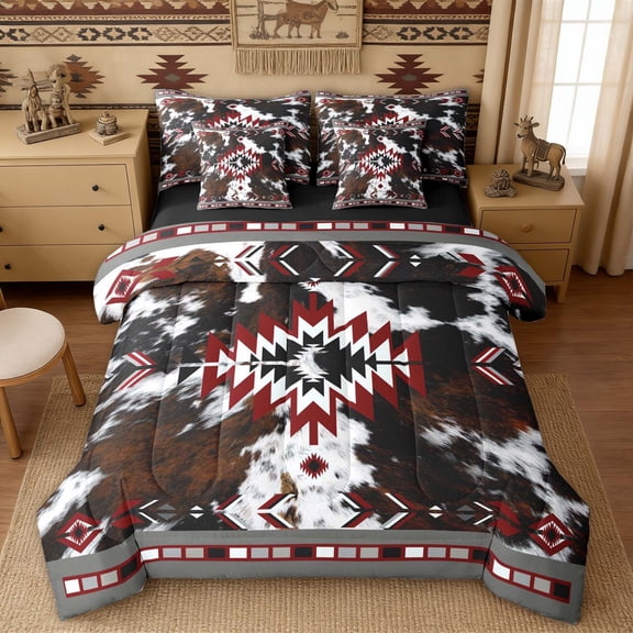 Erosebridal Cowhide Bedding Comforter Set for Men and Women, Red Black White Tribal Queen Bedding Sets, Black Reversible, 7-Piece