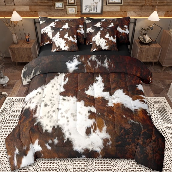 Erosebridal Cowhide Print 7-Piece Twin Bedding Sets,Rustic Farmhouse Cattle Bedding Comforter Set For Adults,Reversible