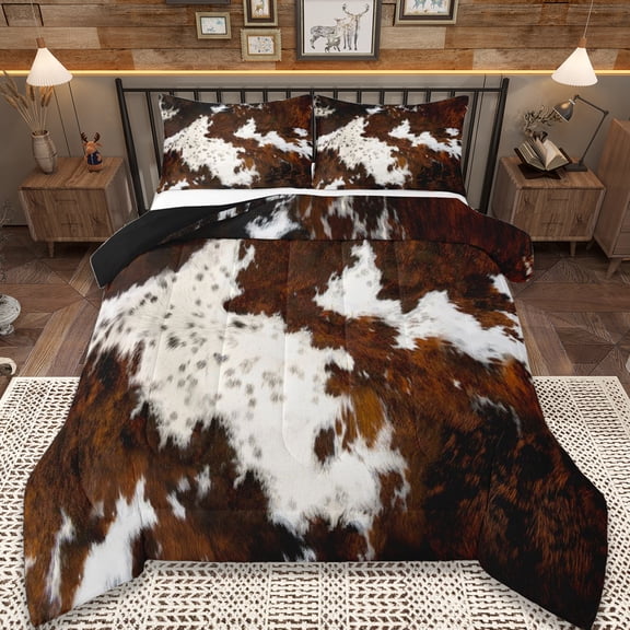 Erosebridal Cowhide Print Queen Comforter Set,Rustic Farmhouse Cattle Bedding Comforter Set For Adults, Reversible 3pcs