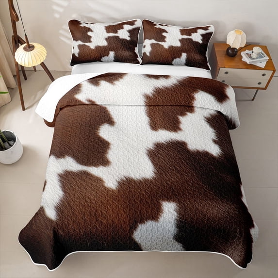 Erosebridal Cowhide Print Twin Quilt Set,Brown White Spotted Animal Twin Coverlet Set For Boys,2 Pieces