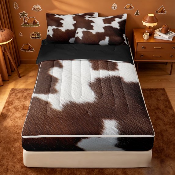Erosebridal Cowhide Print Zipper Queen Comforter Set with Fitted Sheet and 2 Pillowcases,Brown White Spotted Animal Zipper Bedding Set For Boys,Black Reversible,4pcs