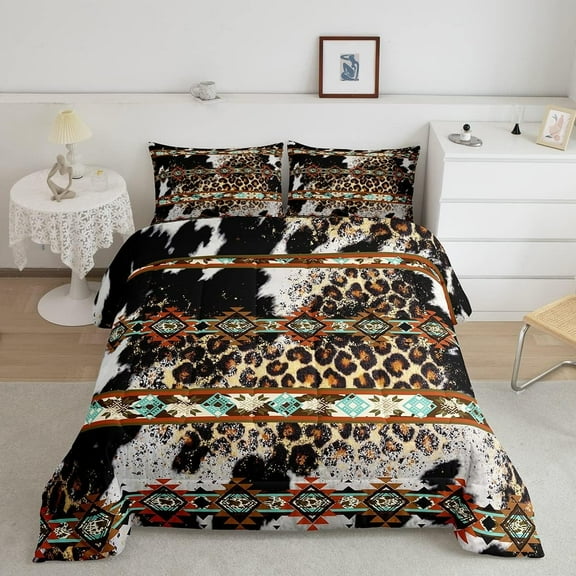 Erosebridal Cowhide Quilt Brown Leopard Print King Comforter Set,Western Bedding Set Exotic Aztec Cow Print Down Comforter,Farmhouse Wild Animal Skin Room Decor Cowboys Gifts for Men