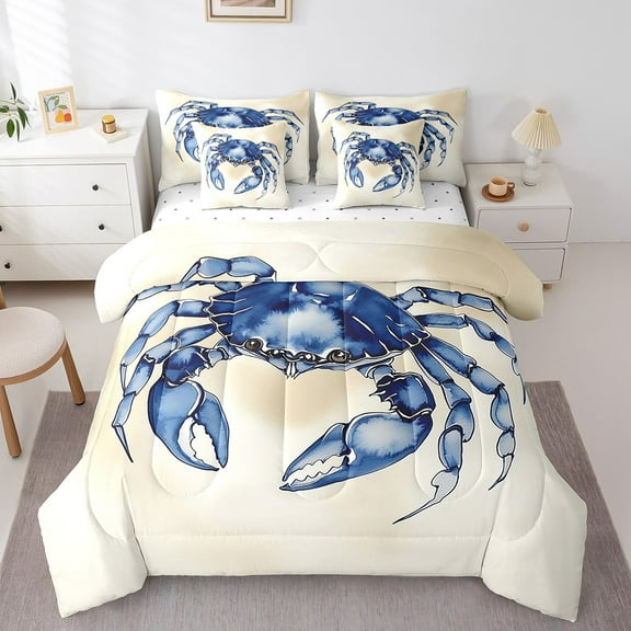 Erosebridal Crab Comforter Set Twin Size 7 Pieces Ocean Coastal Creature Marine Life Sea Animals Bedding Set Nautical Beach Bed in a Bag with Comforter,Sheets