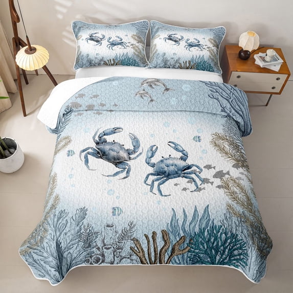 Erosebridal Crab Ocean Print Twin Quilt Set,Marine Animals Twin Coverlet Set For Boys,2-Piece