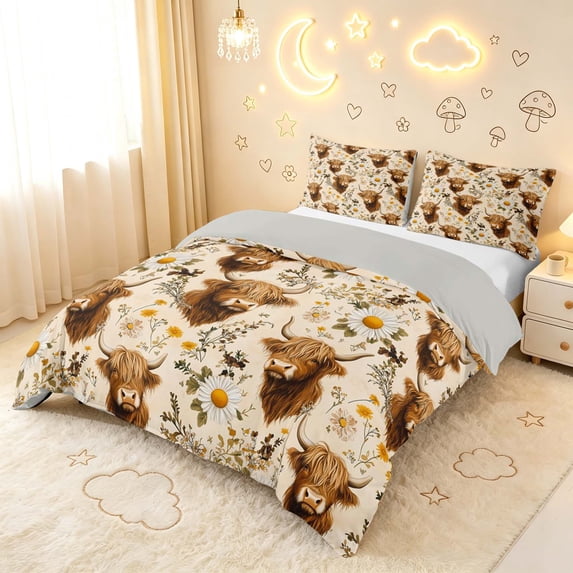 Erosebridal Cream Highland Cow Animals Duvet Cover Queen,Bloom Flowers ...