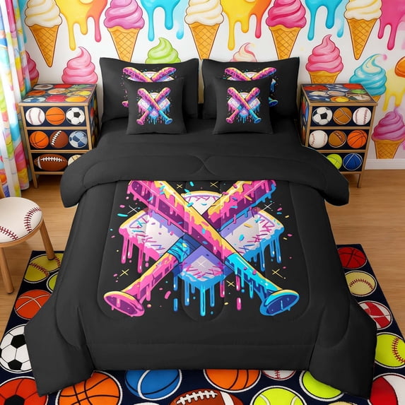Erosebridal Crossed Drippy Baseball Bat Print Twin Bedding Sets, Bold Sports Bedding Comforter Set for Kids Boys and Girls, Black Reversible 7 Pieces