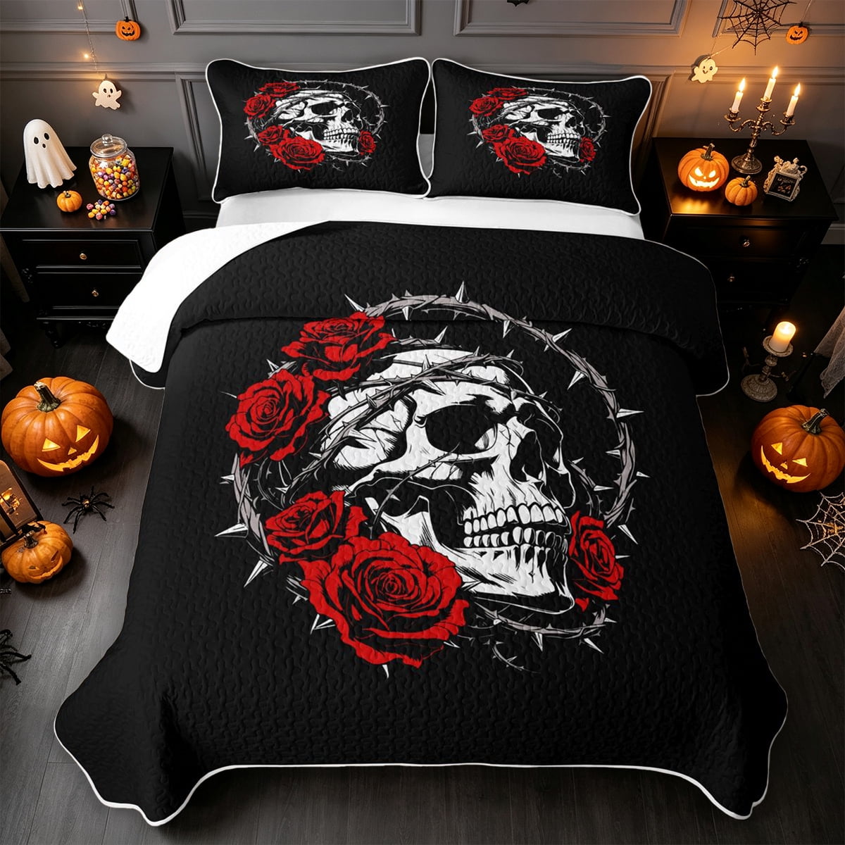 Erosebridal Crown Skull Bed Spread Queen 3pcs,Skull Roses Queen ...