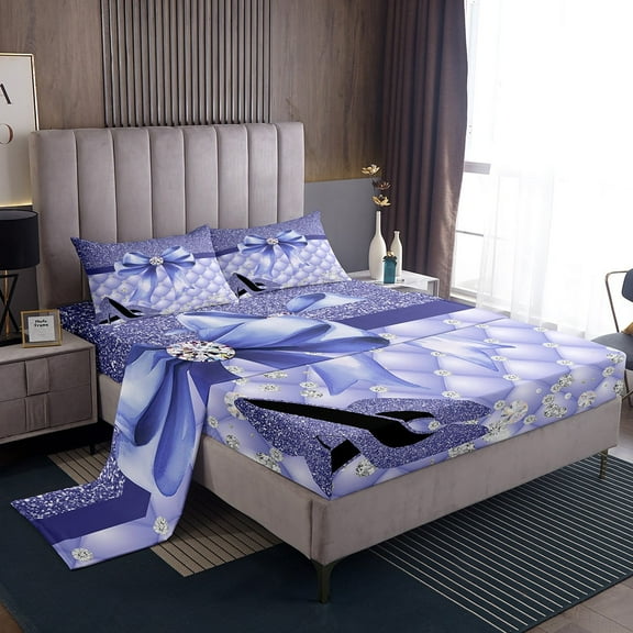 Erosebridal Crystal Bow Sheet Set Twin,Glitter High Heels Bedding Sets Twin Size,Lightweight Bed Sheets Twin,Geometric Plaid Decor,3pcs