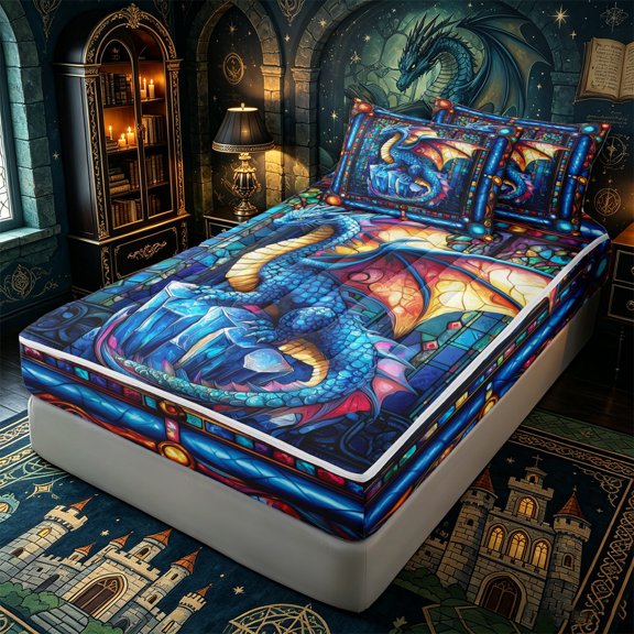 Erosebridal Crystal Ice Dragon Zipper Twin Comforter Sets with Fitted Sheet and 2 Pillowcases,Stained Glass Border Accent Zipper Bedding Set,Cyan Rainbow,4-Piece,Black Reversible