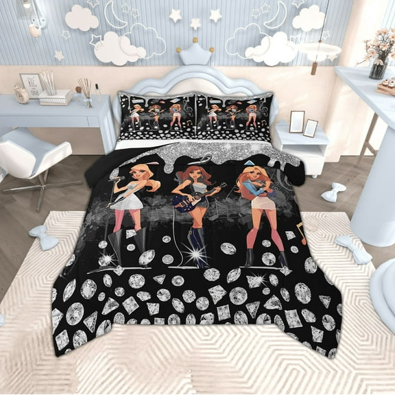 Erosebridal Crystl Glitter Bedding Twin Comforter Set,Music Guitar Down Comforter,Bling Sequin Print Bedding Sets Twin with Comforter,Lightweight Princess Bedroom Decorative,Reversible,2-Piece